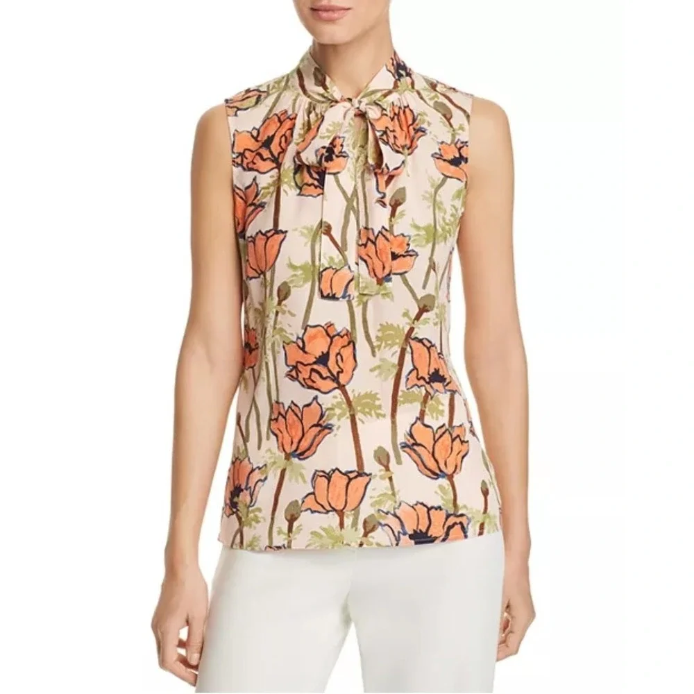Tory Burch‎ Silk Floral Tie Neck Blouse Size 0 Sleeveless Poppy Print